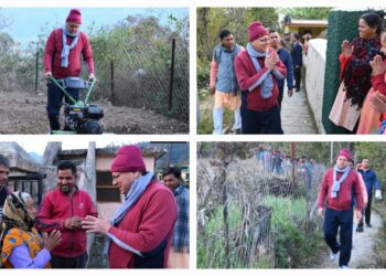 टिहरी की पगडंडियों में भ्रमण पर निकले सीएम धामी, पावर वीडर से की खेतों की जुताई
