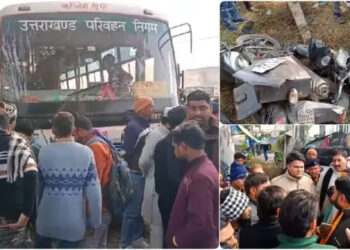 रुड़की में तेज रफ्तार बस ने बाइक और रेहड़ी को मारी टक्कर, बुजुर्ग महिला की मौत, तीन घायल